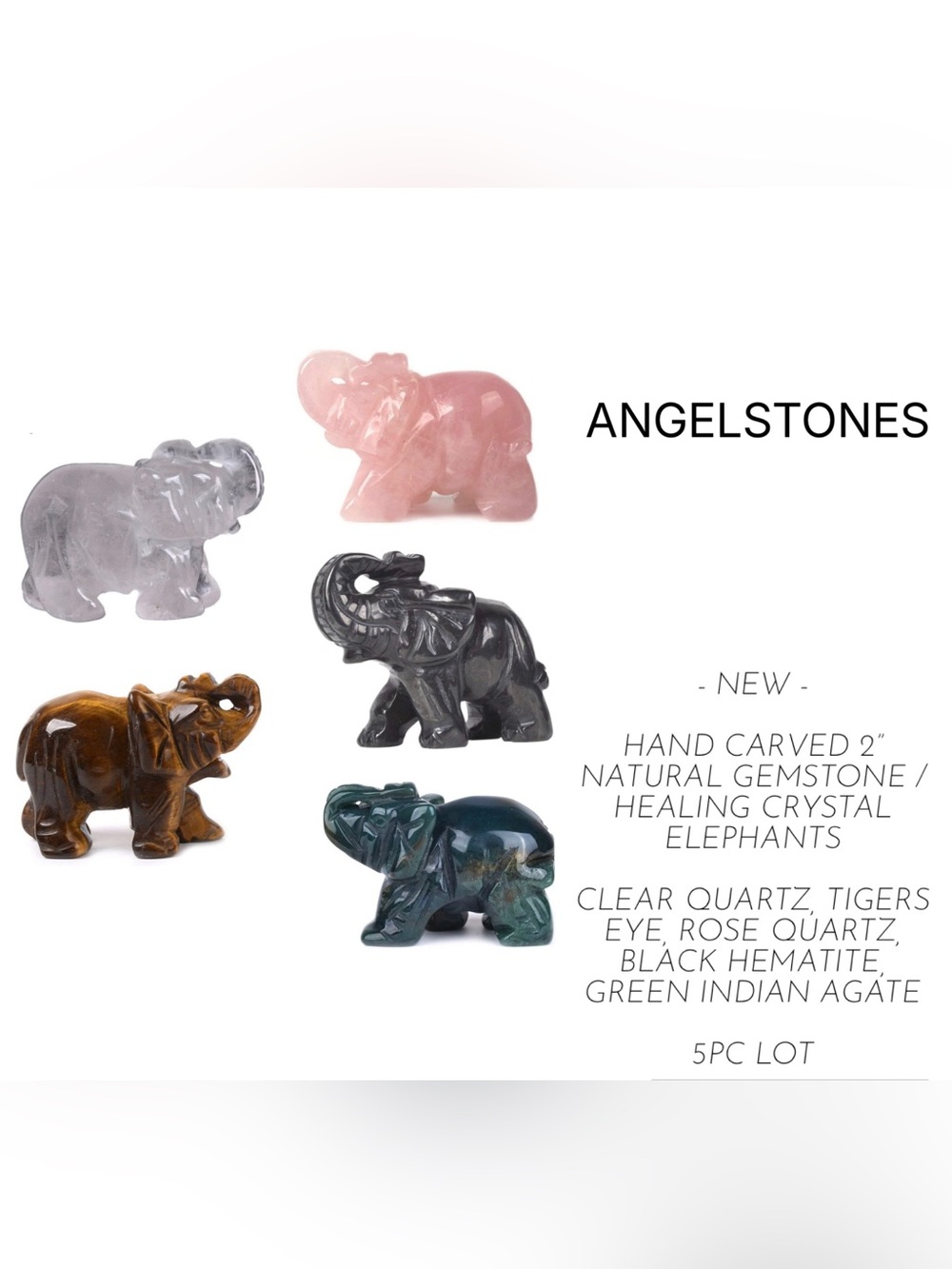 ANGELSTONES - NEW - 5PCS- HAND CARVED NATURAL GEMSTONE HEALING CRYSTAL ELEPHANTS